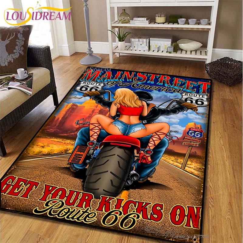 Route66 Motorcycle Carpet for Living Room Bedroom Rugs Kitchen Kids Door Unslip Floor Mats Birthday gift photography props Rug