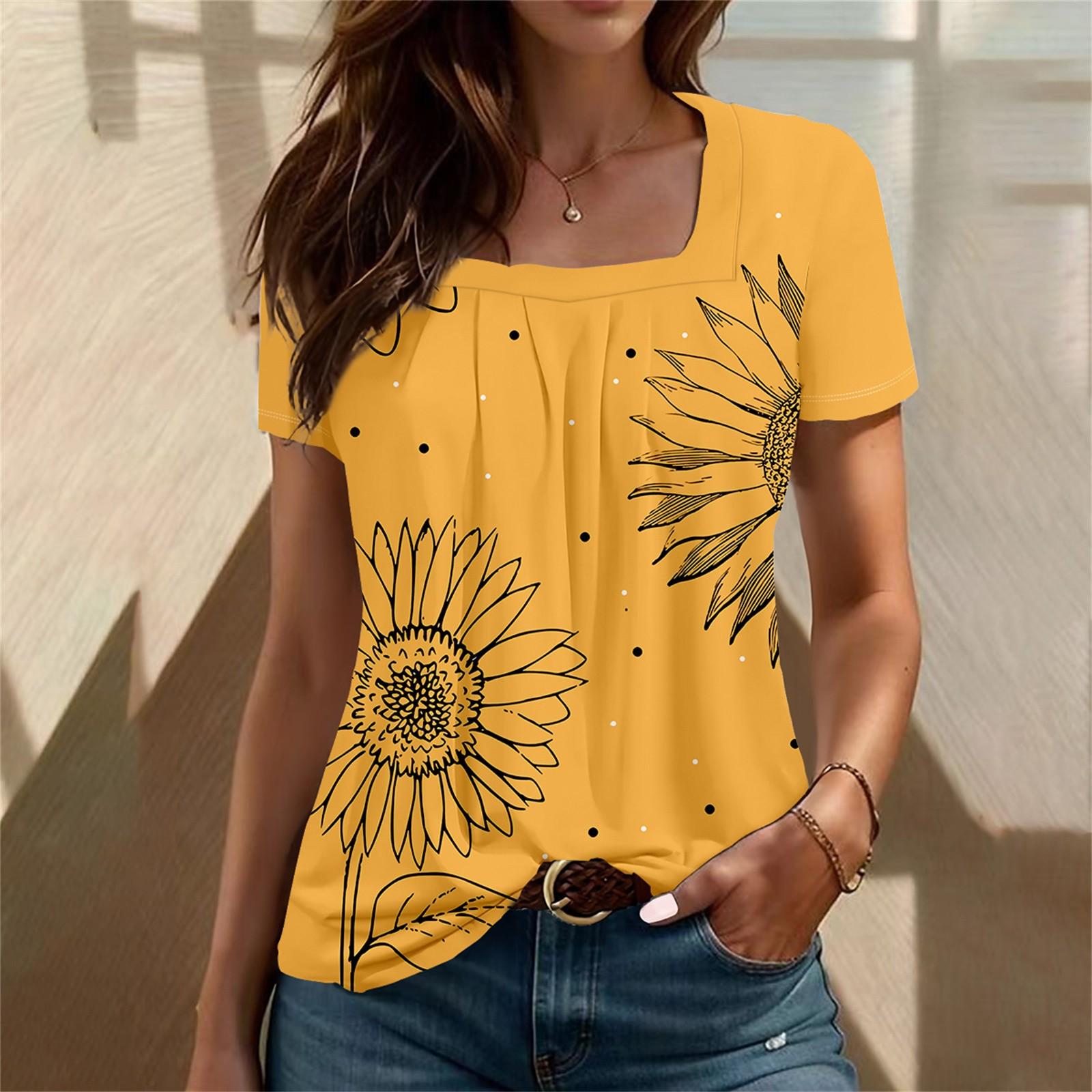 

Жіночий повсякденний плісирований топ із короткими рукавами з квадратним вирізом і квітковим принтом XXXL жовтий