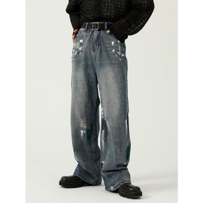 Men's Four Seasons New Product Korean Edition with Broken Hole Design Feeling Explosive Street Show Thin Wide Leg Jeans for Men
