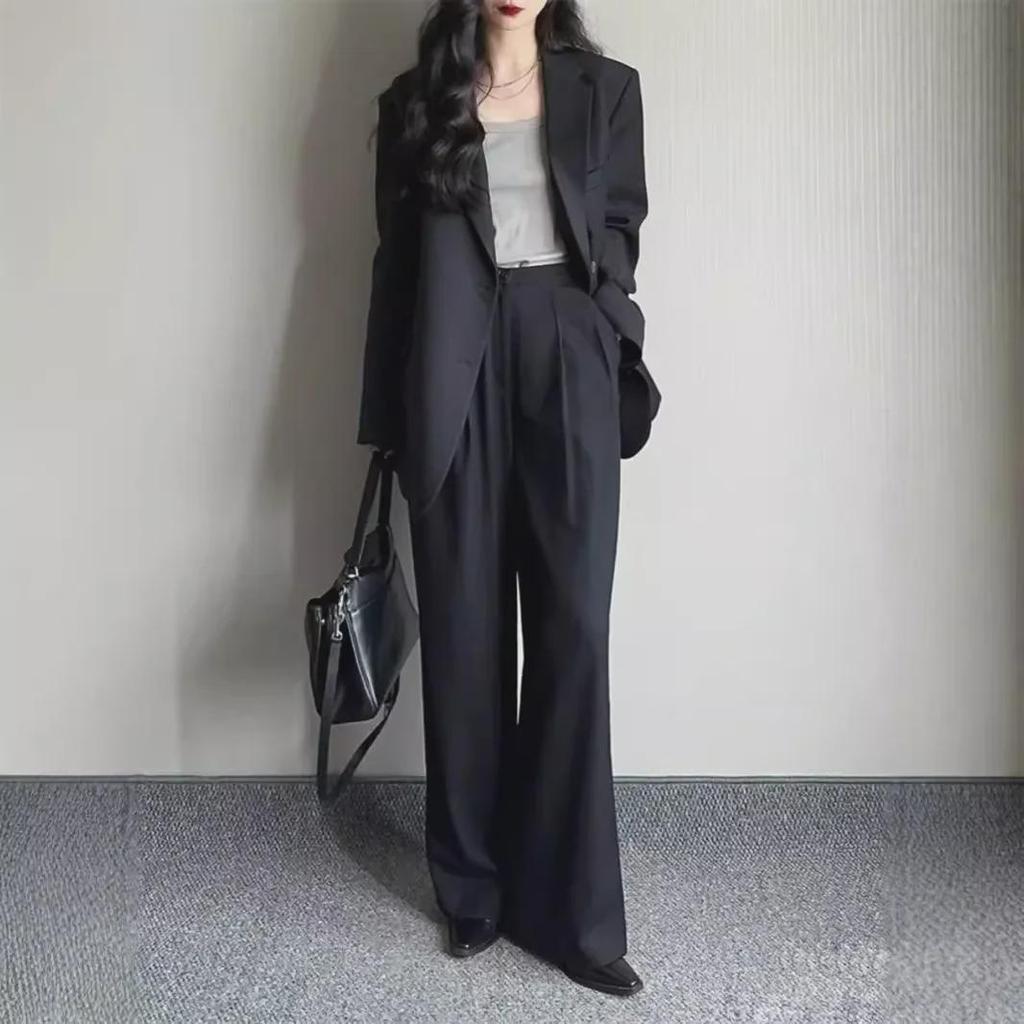Plus Size Women's Casual & Professional Two-Piece Suit with Wide-Leg Pants