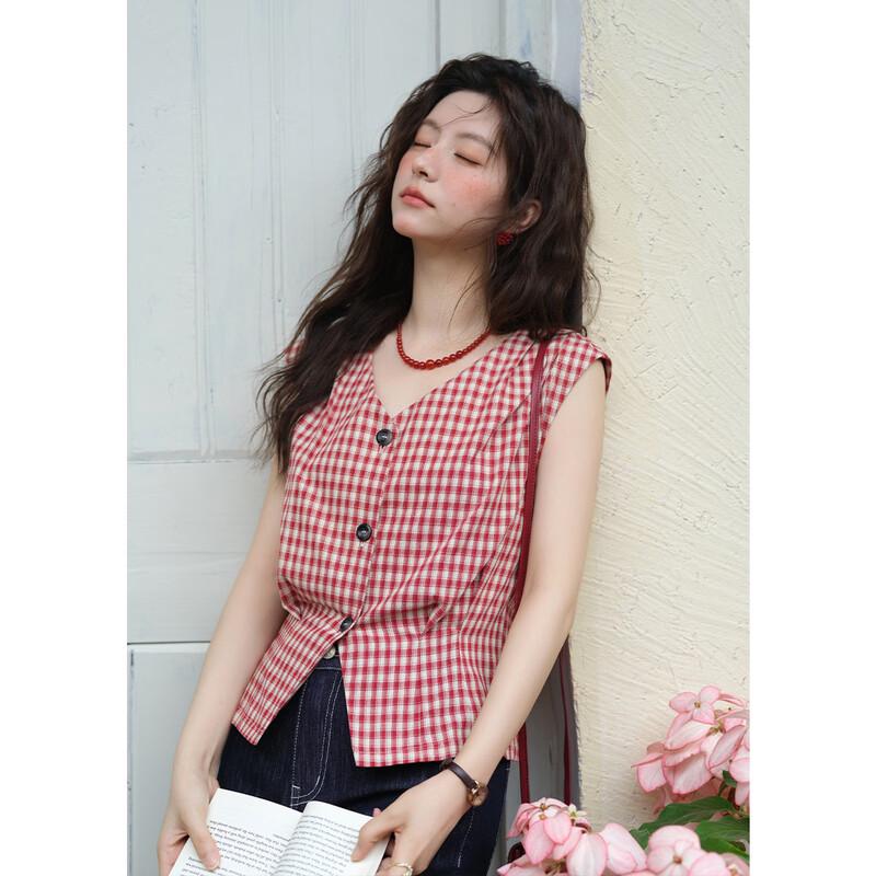 Women's Vintage Red Plaid V-Neck Shirt