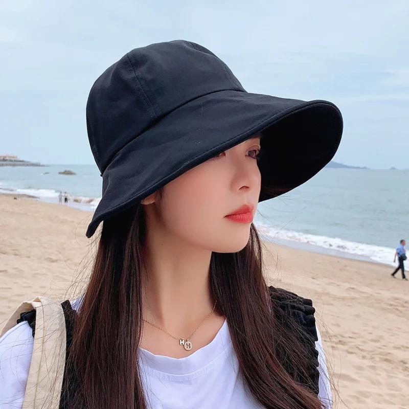 Women Summer Sunhat Cotton Ponytail Bucket Hat Outdoor Beach Adjustable Sun Visor Hats Solid Color Foldable Panama Fisherman Cap