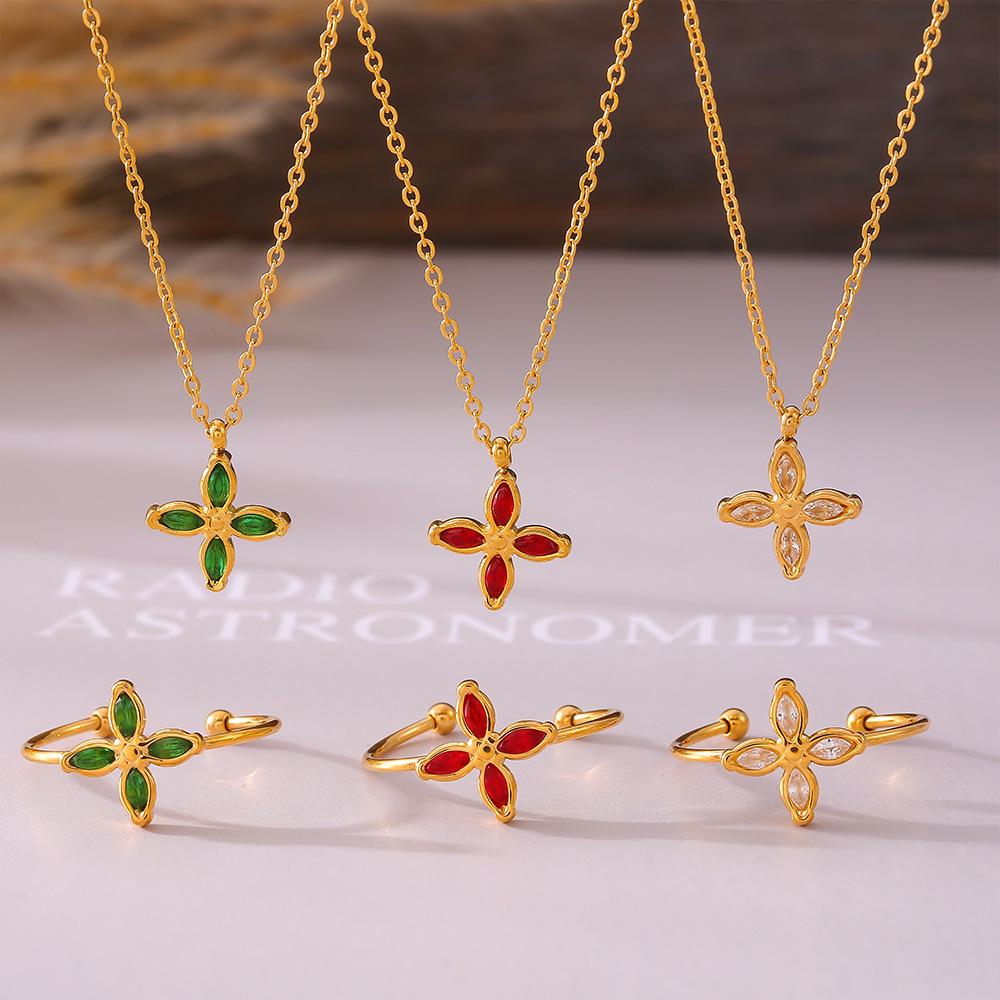 

18K Gold-Plated Zircon Inlaid Four-Petal Flower Pendant Necklace & Open Ring Set