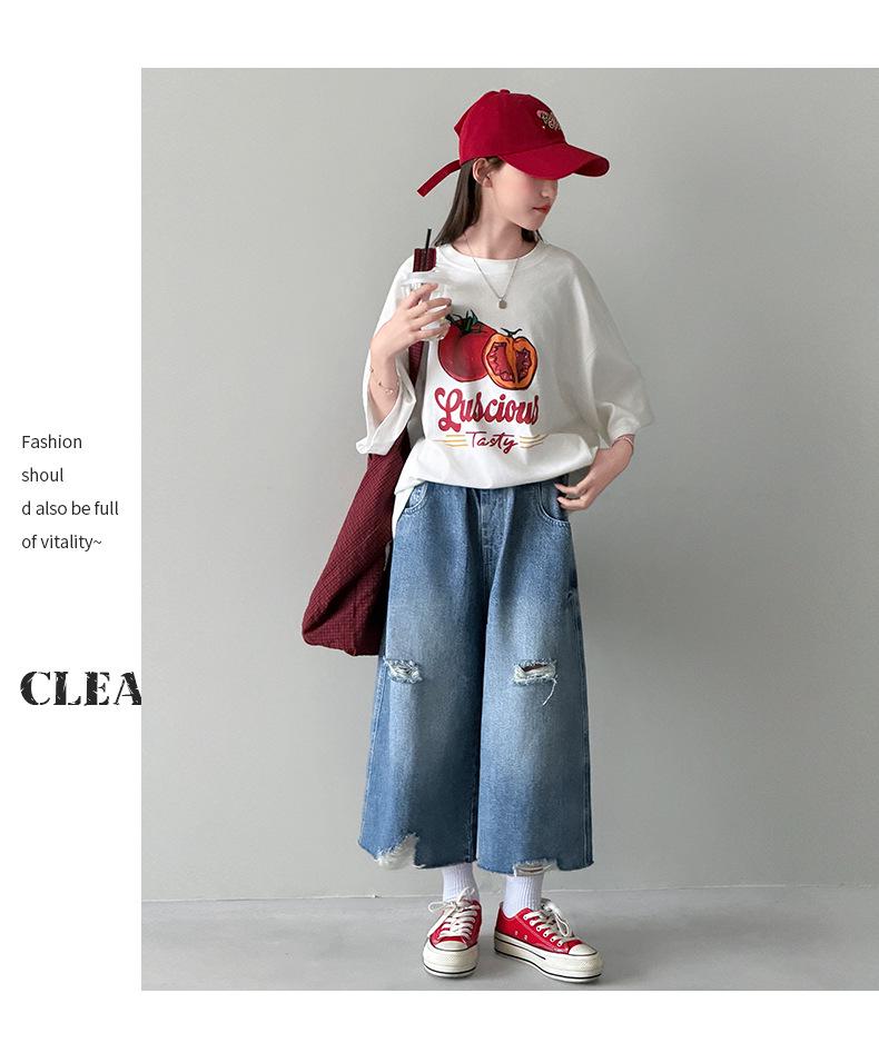 Trendy Summer Ripped Pants Set for Junior High Girls – Stylish Two-Piece Outfit