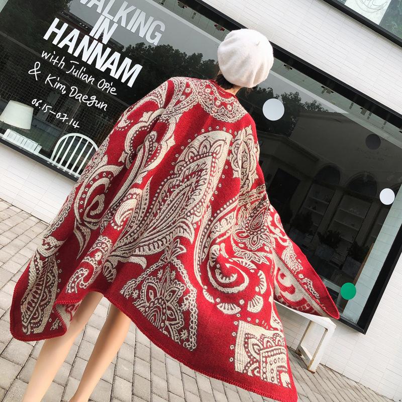 Retro ethnic style warm thickened knitted imitation cashmere split long cape women s autumn and winter cape-style shawl 160*130cm