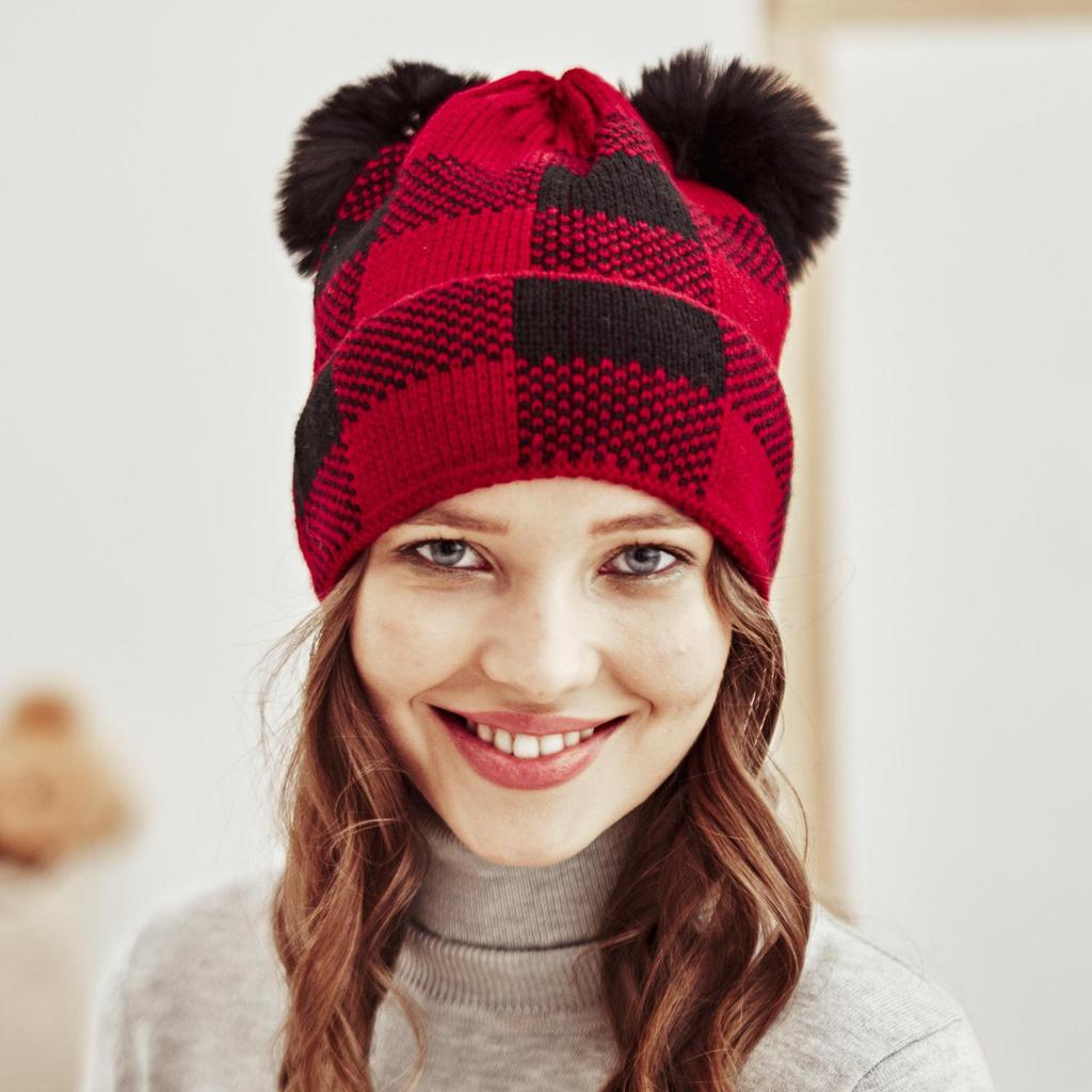 New spot autumn and winter hairball parent-child knitted hat, plaid mother baby Christmas warm hat