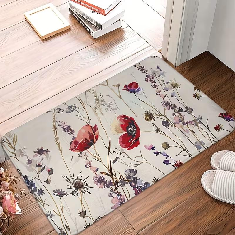 Floral Garden Doormat Colorful Wildflower Butterfly Print Soft Non-Slip Rug Indoor Outdoor Home Decor Entryway Floor Mat