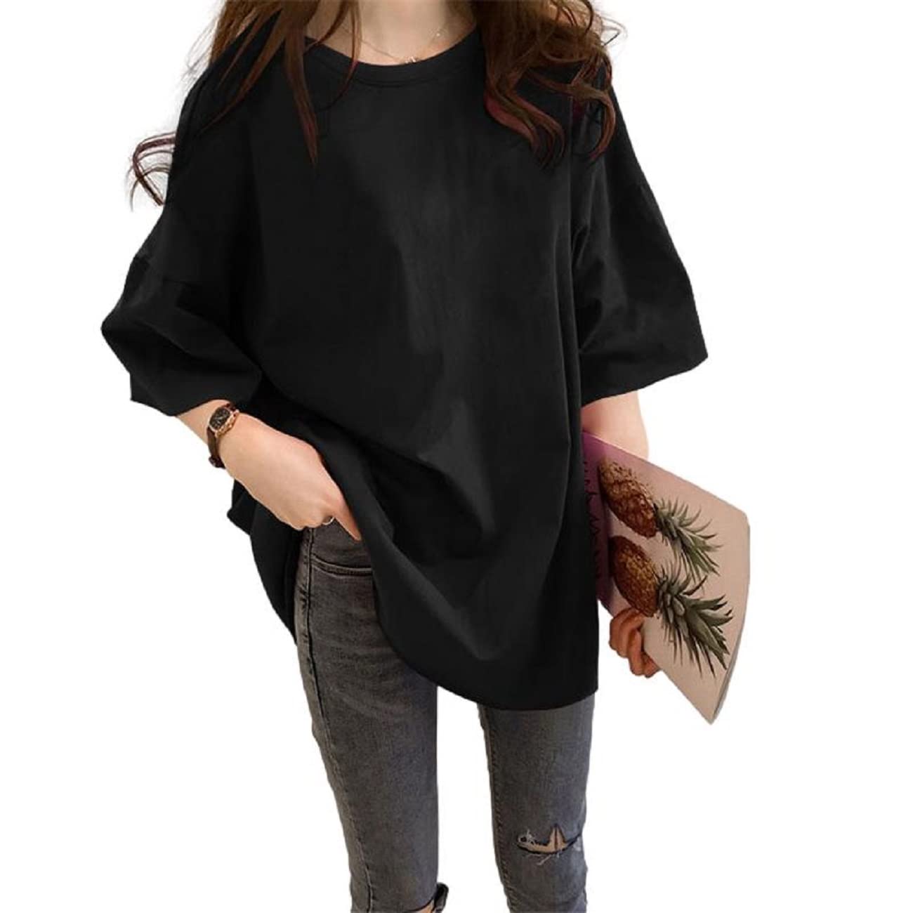 

de Big short crew loose tunic [Maison TAO] T-shirt, sleeves, neck, fit, length, casual, women s (L, black) чёрный