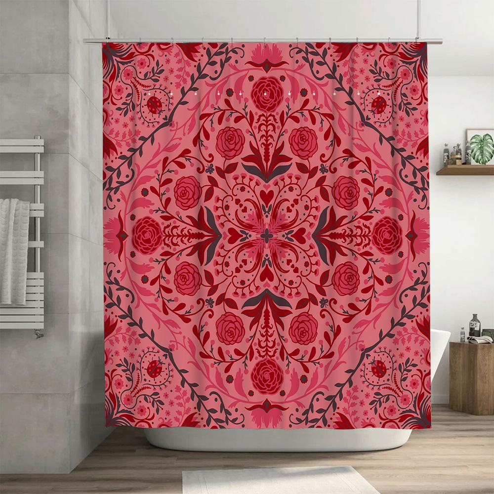 Red Floral Shower Curtain with Ladybug Pattern Waterproof Bathroom Decoration for Home Decor Kitchen Linen