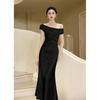 Light luxury one-word shoulder light gold evening dress, annual meeting host engagement dress, bridal toast dress, morning gown skirt