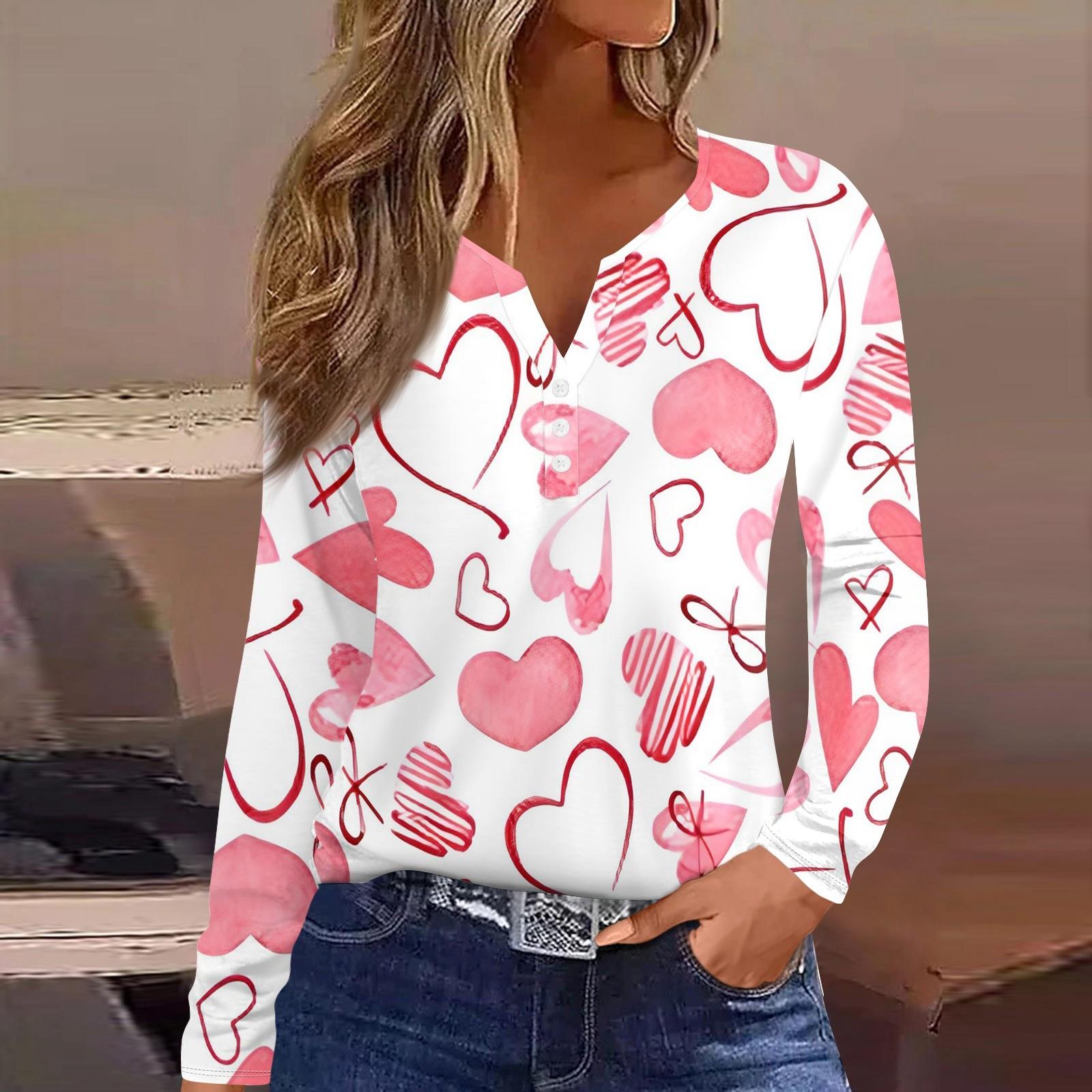 

Женская модная повседневная футболка с V-образным вырезом и длинным рукавом на пуговицах с принтом ко Дню святого Валентина M