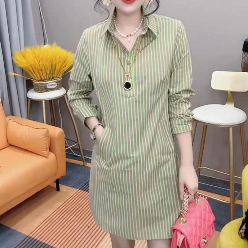 Autumn and Winter Shirt Dress for Women Korean Style Slimming Mid-length Long-sleeved Striped Skirt for Outer Wear