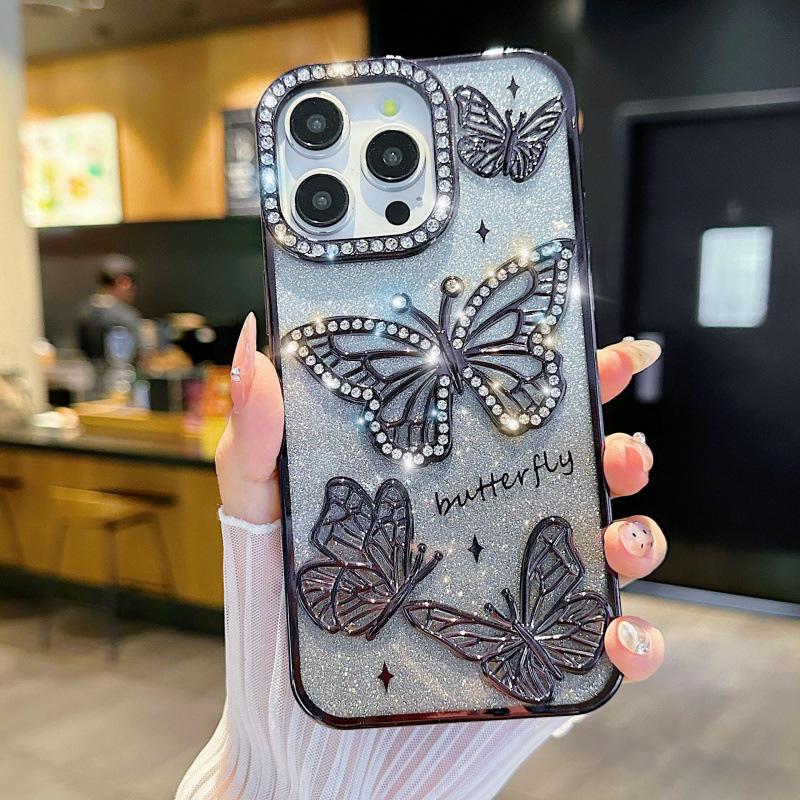 Butterfly Diamond Soft Rubber Phone Case for iPhone 15/16 Pro Max Full Coverage