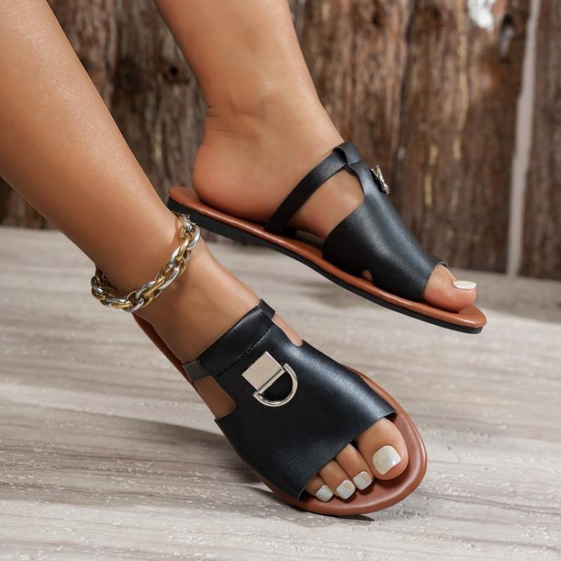 Flat-bottomed Hollowed-out One-line Slippers Summer Casual Fish-mouth Beach Sandals
