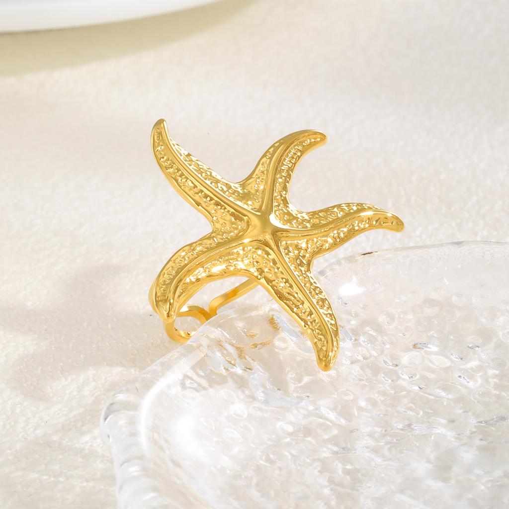 Starfish Open Rings for Women, Stainless Steel Adjustable Ring Beach Sea Ocean Fashion Jewerly Gift