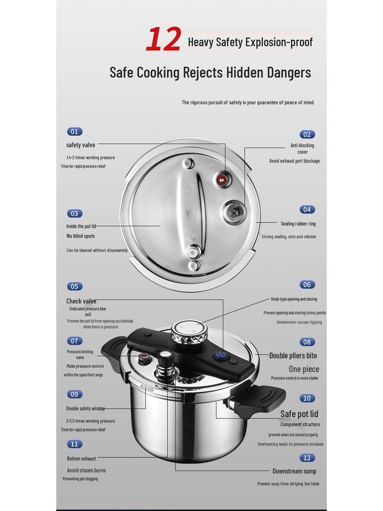 304 Triple-Layer Steel Thick Pressure Cooker - Large Capacity, Explosion-Proof Design for Gas and Induction Cooking