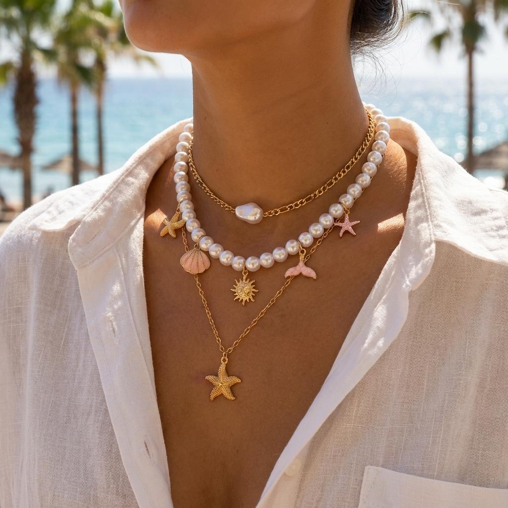 Bohemian Beach Shell Conch Beaded Necklace for Women Ocean Style Seashell Starfish Sun Pendant Choker Vacation Party Jewelry