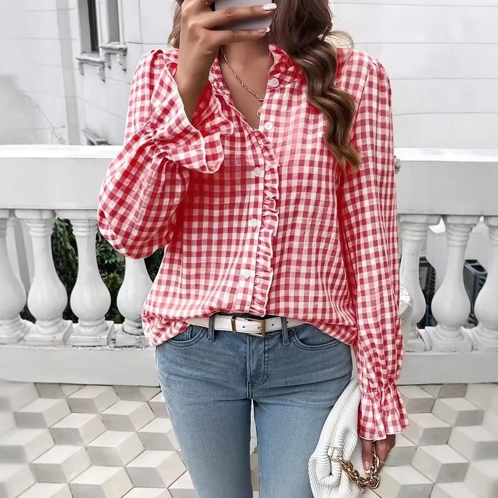2026 Spring/Summer Women's Elegant Ruffle Plaid Long Sleeve Shirt