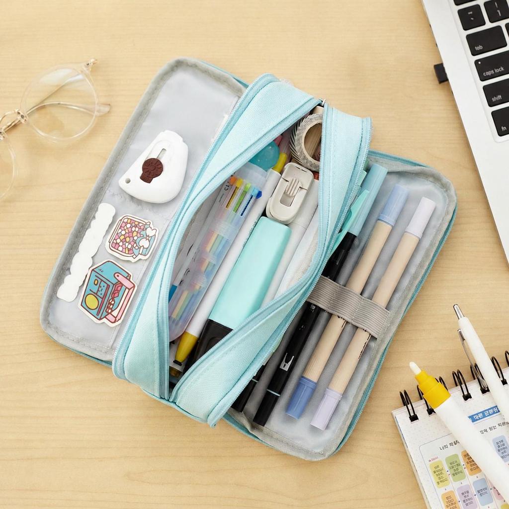 Large Capacity Pencil Case 3 Compartment Pouch Pen Bag for School Teen Girl Boy Men Women,Light Blue