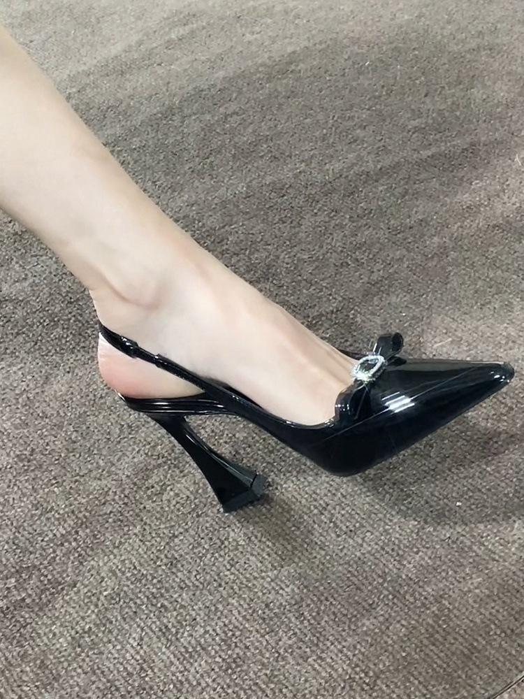 Purple satin horseshoe heel bow sandals women's pointed rhinestone buckle sexy high heels