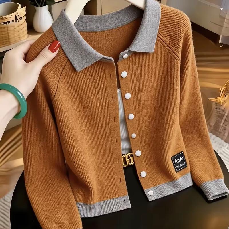 Zuose Women's Colorblock Polo Neck Knit Cardigan