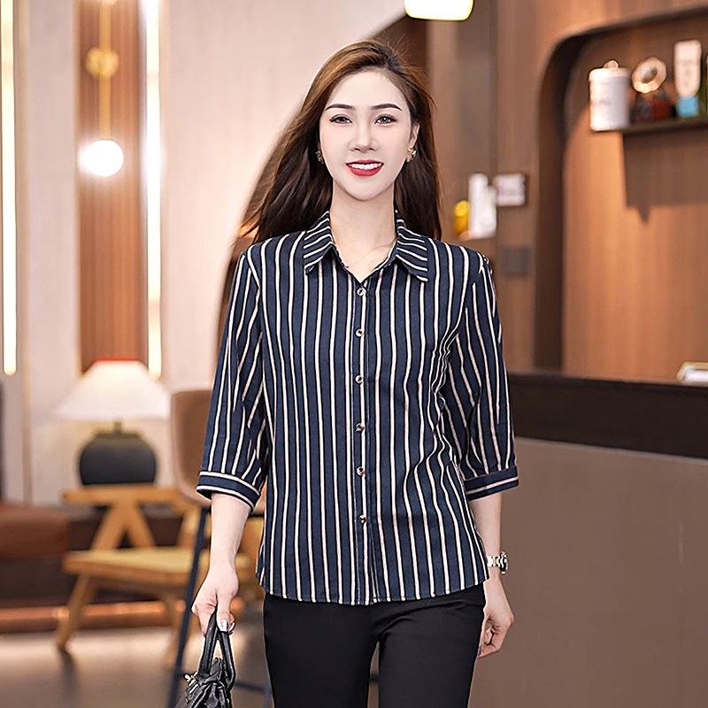 Women's Slimming Striped Cotton Shirt - Petite 7-Sleeve Professional Style for Spring, Summer, or Autumn 2025