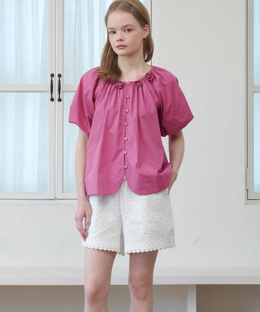 OPENING SUNSHINE Floral Embossed Lace Detail Elastic Waist Shorts White