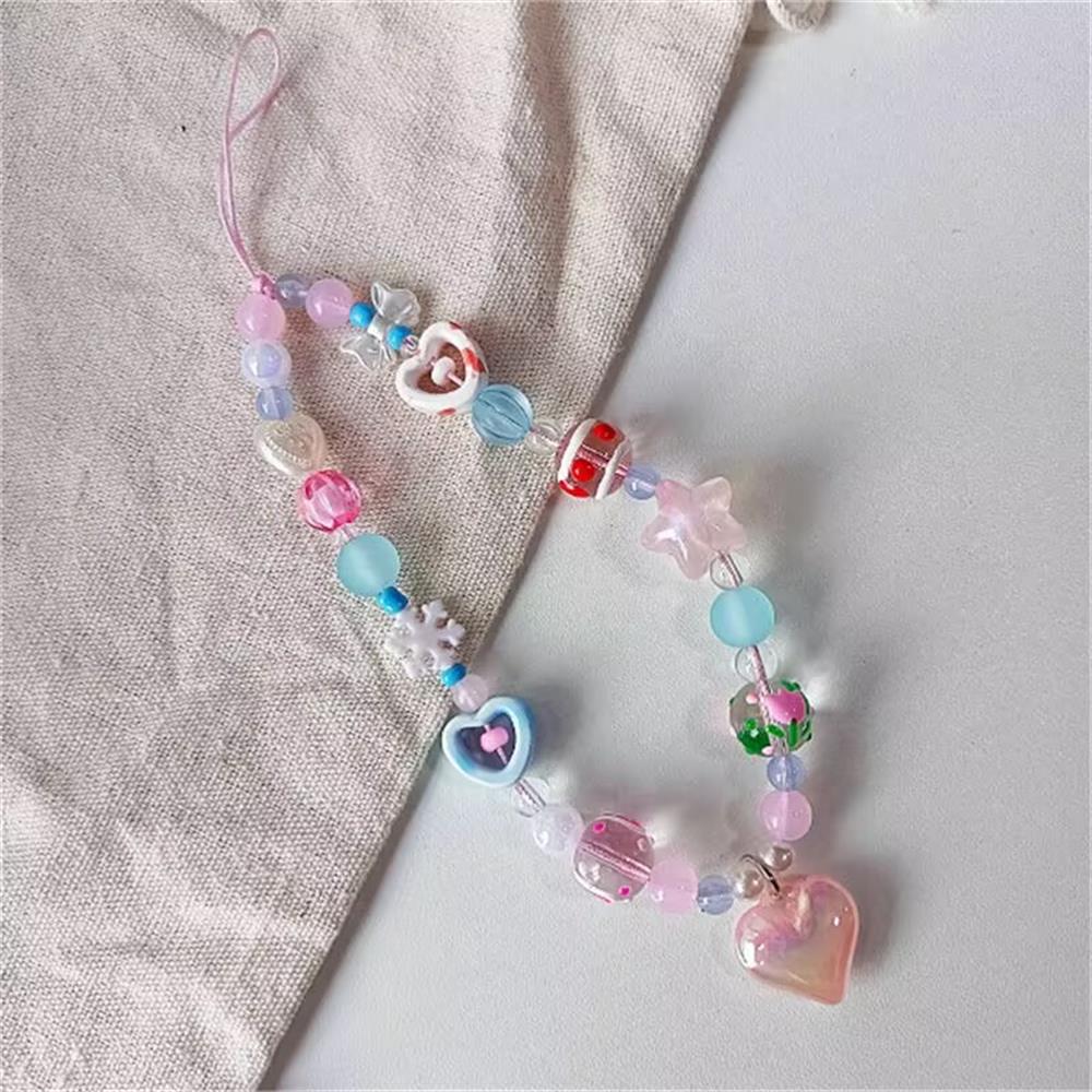 

Korean Cute Pink Blue Love Heart Beaded Phone Chain Charm Lanyard For iPhone CCD Camera Decorated With Anti-Loss Lanyard 1