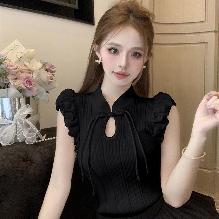 

French Chinese Style Retro Hollow-out Vest Top Women s Summer Unique Designed Niche Blouse one size чорний