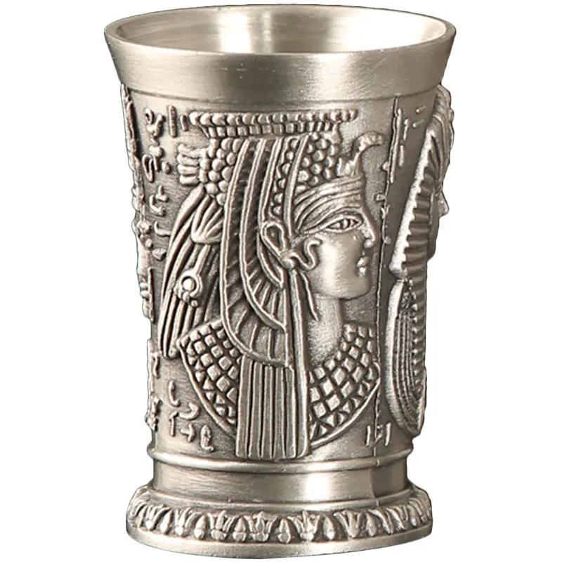 3ks/šarže Egyptský mýtus Retro měděné pohárky na panáky 3D reliéf Víno Likér Destiláty Kleopatra Rameses Rah Stříbřité starožitné sklenice