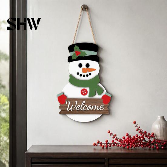 Rustic Christmas Home Accents 2D Wooden Welcome Hanging Sign, Cartoon Santa Snowman Tree Winter Seasonal Ornament Door Hanger with Rope, Xmas