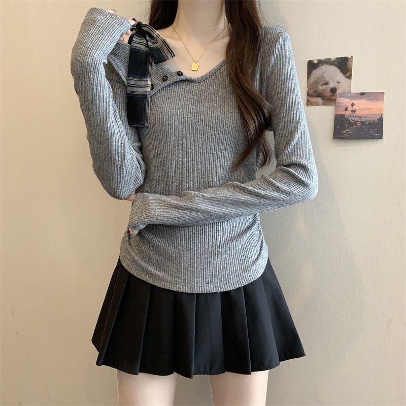 

Серая асимметричная футболка с бантом, открывающая плечо, трикотажная, зимний шик, облегающая, с длинным рукавом, базовый слой XL