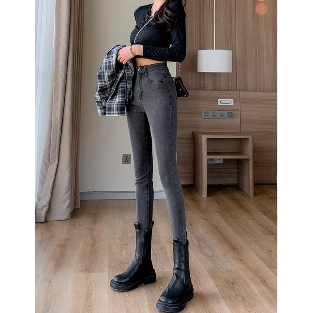 Korean high-waisted jeans for women's spring and autumn new fashion, thin, tight, elastic small-footed jeans trend ins