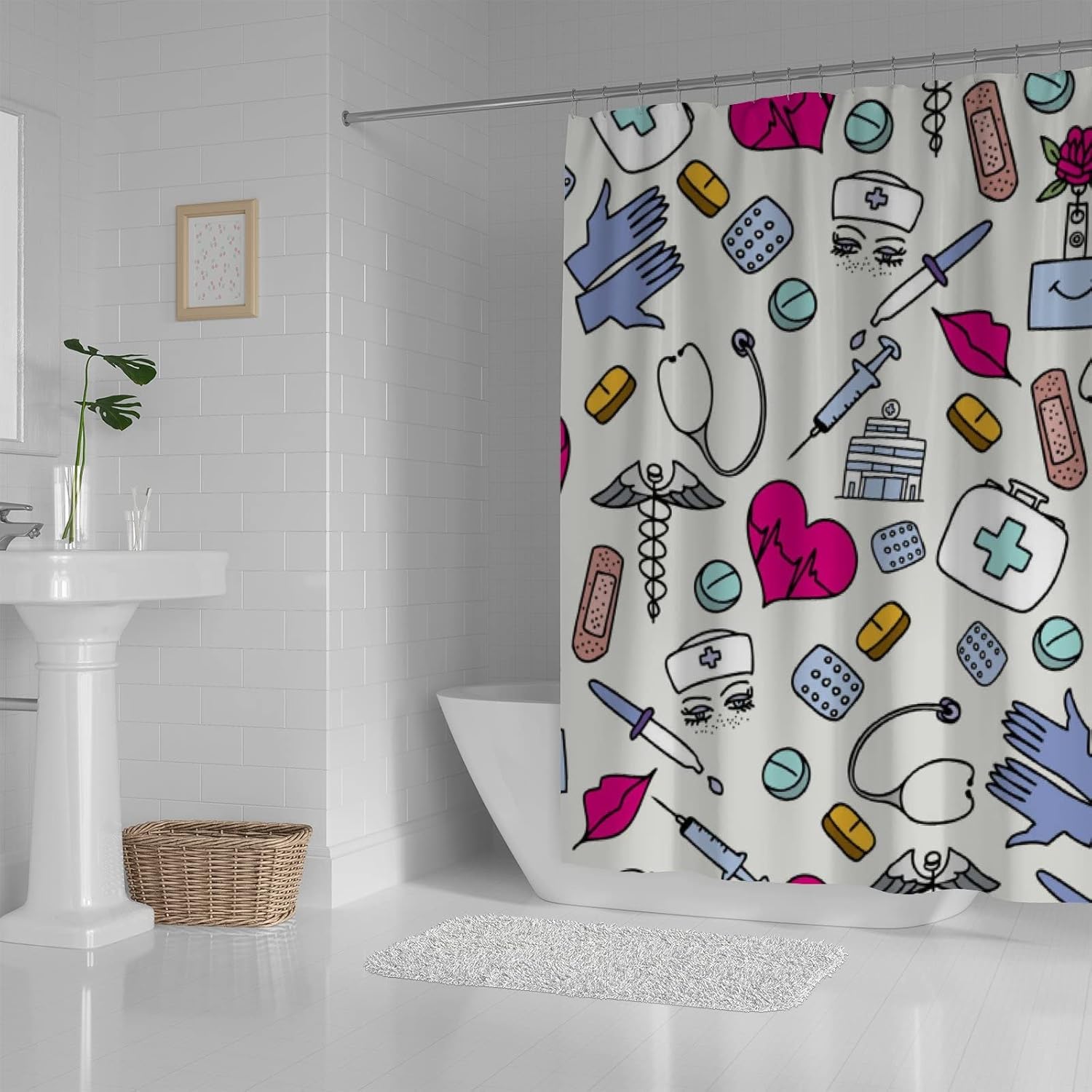 

RASHU Shower Curtain Waterproof Polyester Fabric Bath Curtain Nurse Style Bathroom Decor Curtain Set with 12 Hooks Machine Washable 60x72in