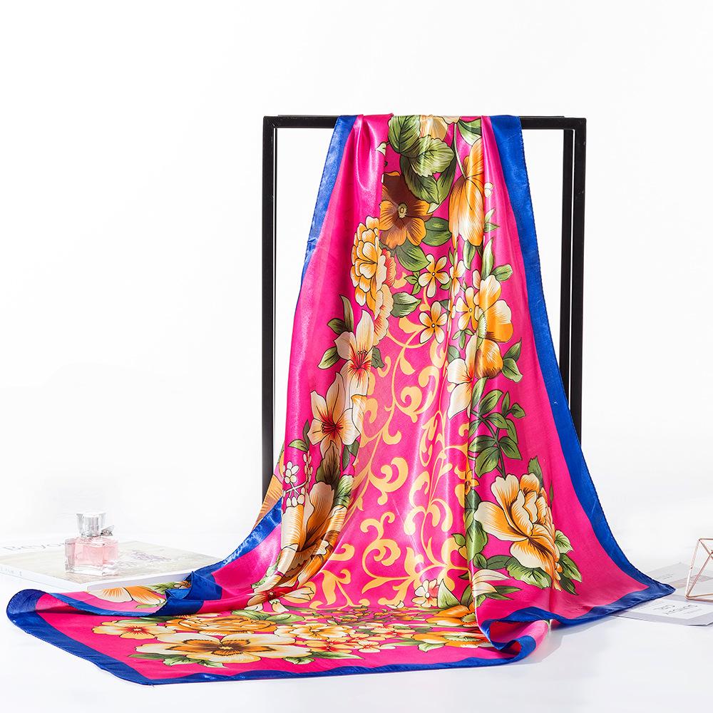 Women Silk Imitation Square Scarf Foulard Print Satin Kerchief Hairband Neckerchief Head Hijab Lady Headband Bag Ribbon 90X90Cm