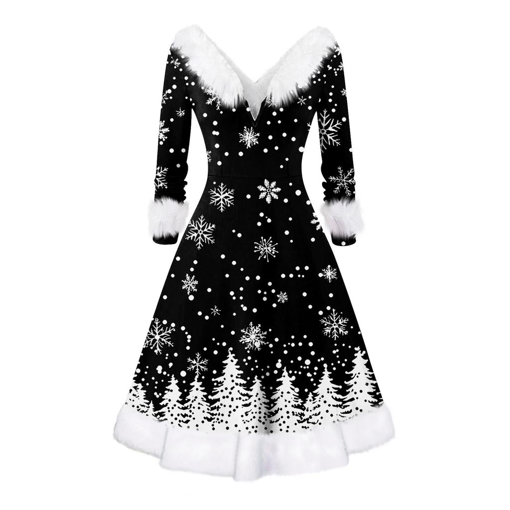 Women's Fashion V-neck Casual Fit Christmas Print Party Long Sleeve Dress