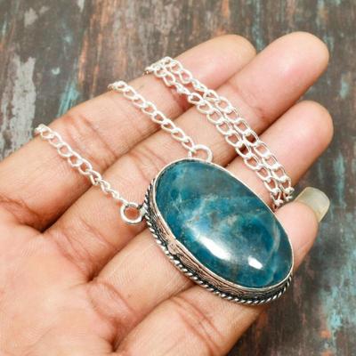Neon Blue Apatite Gemstone Handmade 925 Sterling Silver Jewelry Necklace For Women