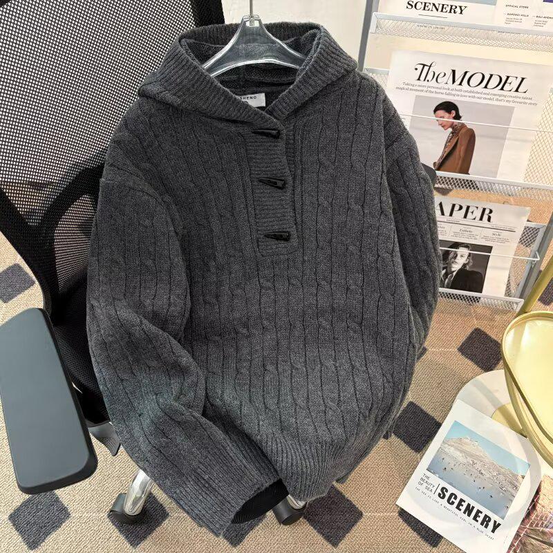 

Men s Retro Solid Color Hooded Knitwear - Loose Korean Style Trendy Top for Autumn/Winter L темно-сірий
