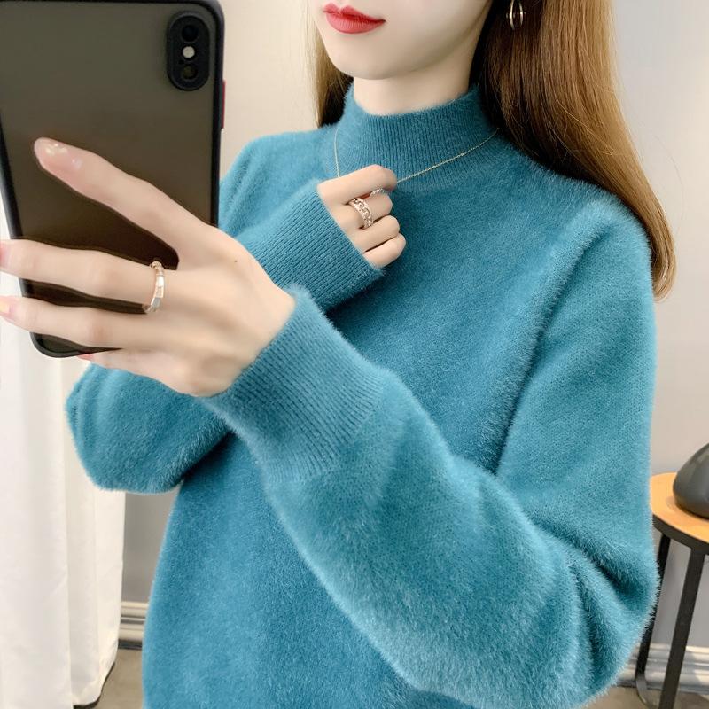 Autumn Winter Half High Collar Solid Color Simple Sweater Women Loose Casual All-match Pullover Knitting Top