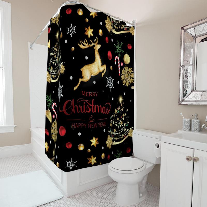 Black Gold Christmas Shower Curtain With Deer And Tree, Elegant Holiday Pattern For A Modern Festive Bathroom Decor