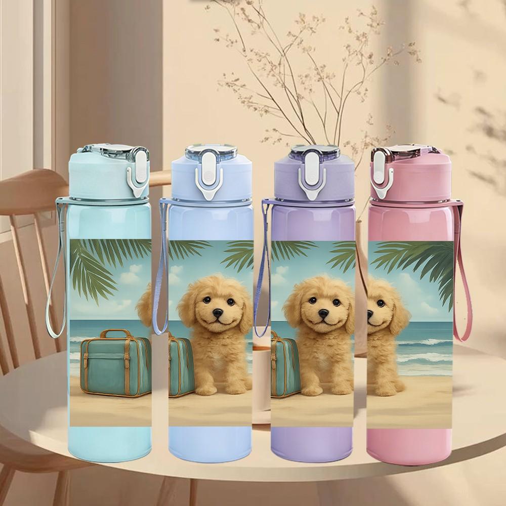 1PC Puppy Dog Beach Luggage Scene Print 750ml Color Plastic Sports Water Bottle Leakproof Flip Straw Lid Suitable for Sports Office Home Use