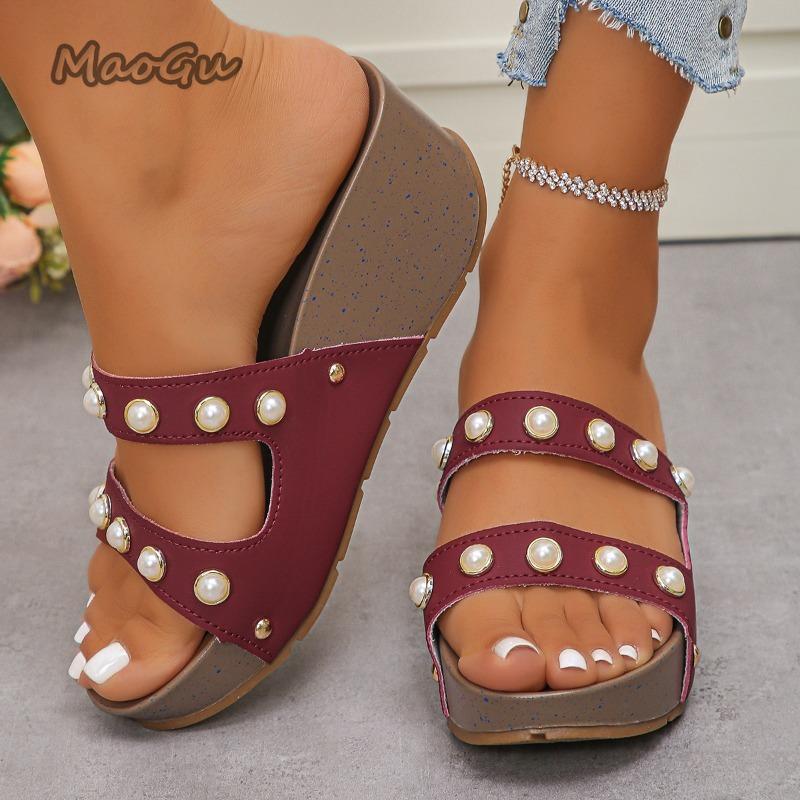 Fashion Women's Platform Open Toe Wedge Sandals Thick Sole Peep-Toe Summer Shoes Large Size43 Beaded Slip on Sandals Zapatos De Mujer