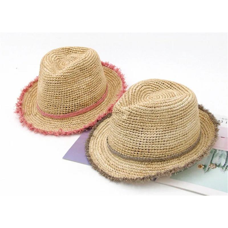 British Summer Natural Raffia Grass Colored Burr Lady Panama Fedoras Cap Women Panama Jazz Hat