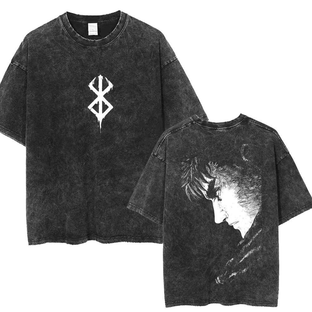 Vintage Washed Anime Berserk Guts T Shirt Swordsman Gatsu Sacrifice Zodd Harajuku TShirt Men Women Loose Cotton Tees Streetwear
