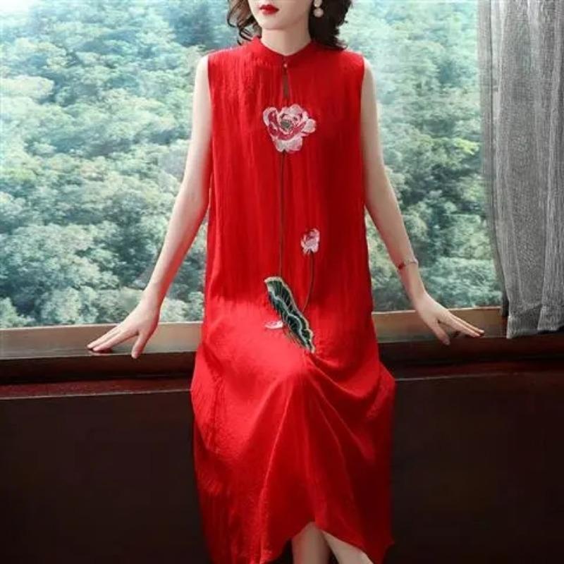 Weißes besticktes Chiffonkleid im Qipao-Stil, ärmellose Weste, langes Kleid, Sommer, Retro-Feenkleid im ethnischen Stil XXL rot