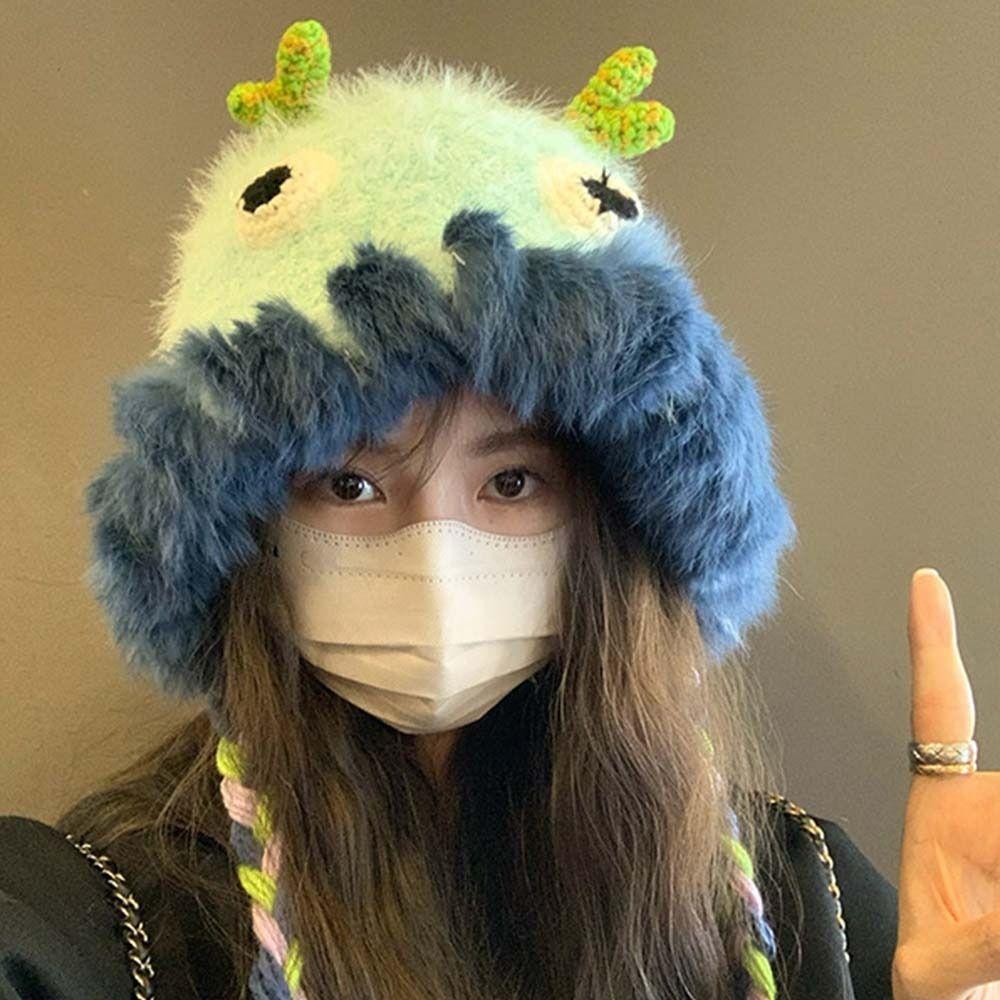 Thickened Kawaii Funny Hat Knitting Ear Protection Hat Funny Cartoon Plush Hat  Women