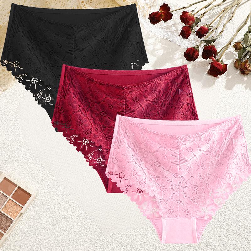 FINETOO 3 Pezzi Mutandine da Donna a Vita Media in Pizzo Sexy Colore Unito Rifiniture in Pizzo Biancheria Intima Femminile Lusso Svuotate Slip Comodi Traspiranti Lingerie