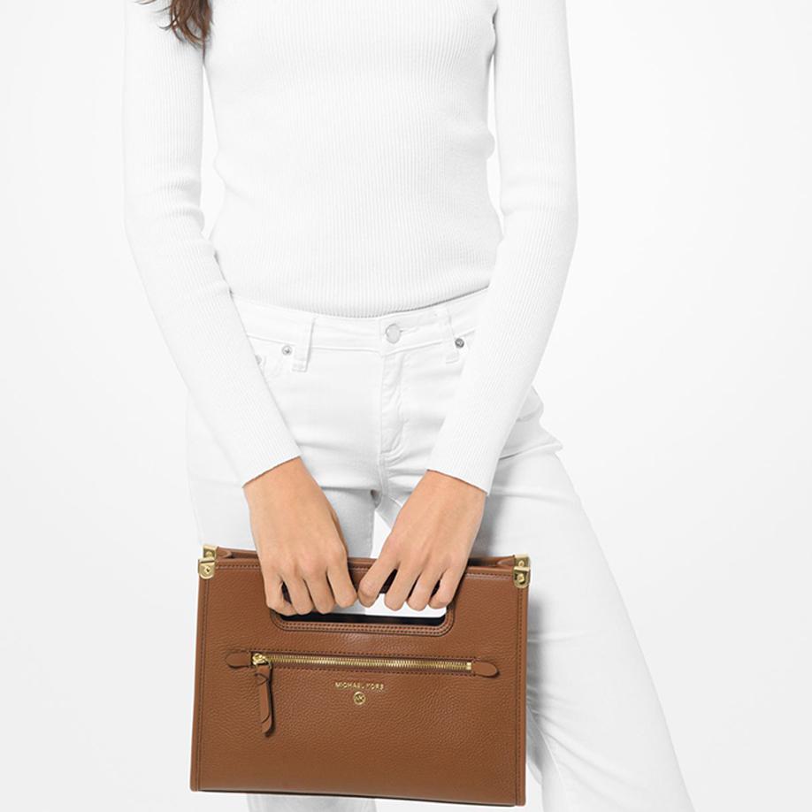 Michael Kors MK Jane Solid Color Zipper Fashion Simple Leather Clutch Coin Purse Commuter Tote Bag Large Women Handbags Brown 30T1GJBC3L-LUGGAGE