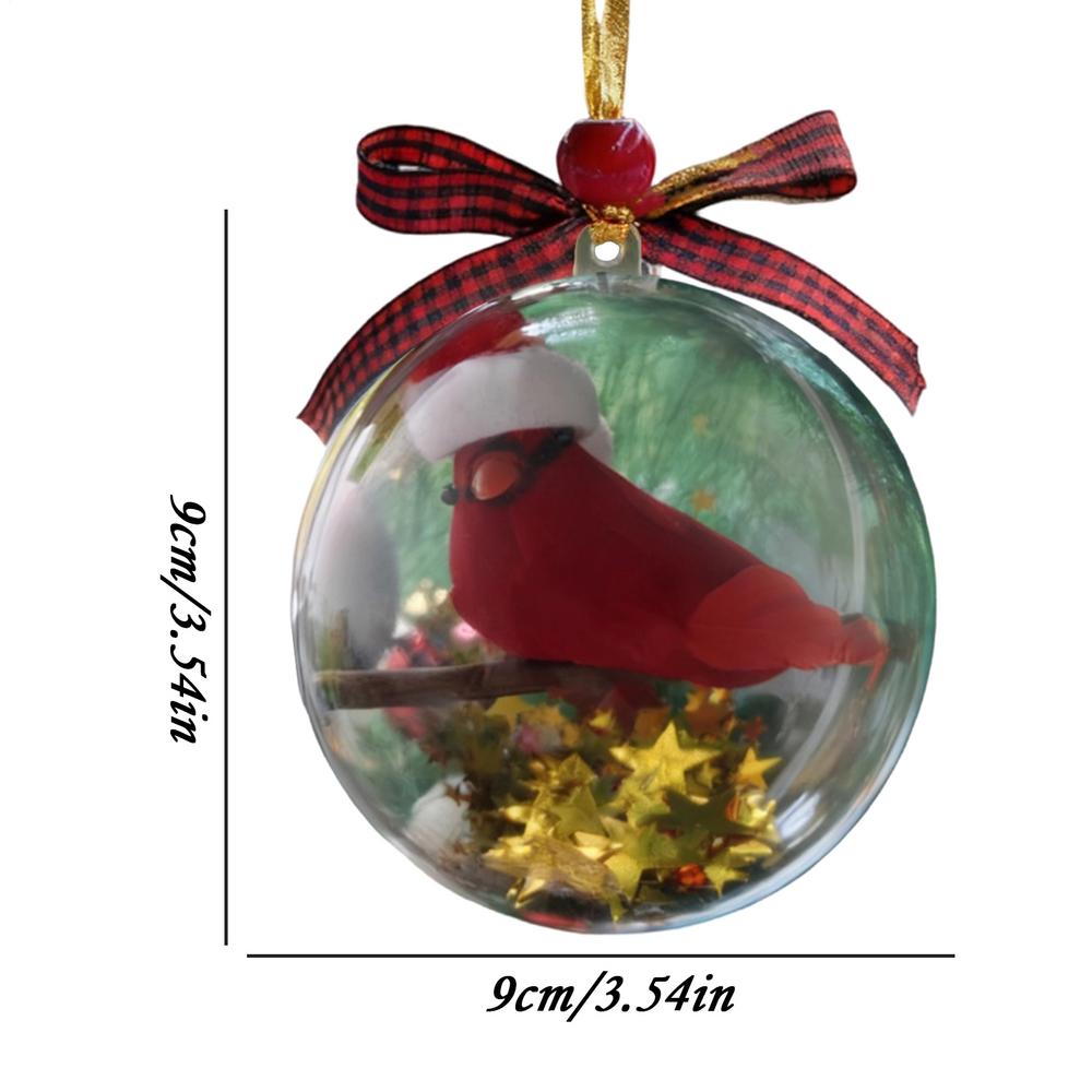 3d transparent bird Christmas ornament crystal ball with realistic hummingbird, red coat sparrow, round Christmas tree pendant