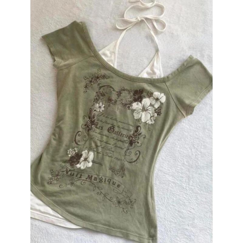 Summer Fake Two Pieces Halter Bandage Vintage T-shirts Y2k Aesthetic Slim Crop Tops Women Grunge Print Harajuku Casual Sexy Tee